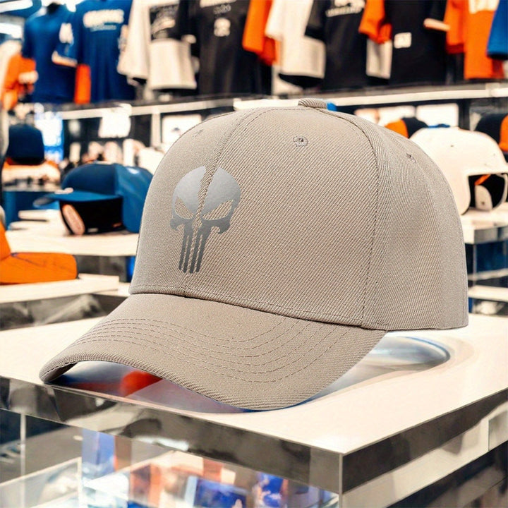 Gorra de Béisbol para Mujer con Estampado de Calavera Punisher - Ajustable, Ligera y Transpirable de Poliéster, Ideal para  y Senderismo, Negra con Estampado Blanco, Diseño Moderno de Estilo Urbano para Comodidad Todo el Año. Tejido de Tela