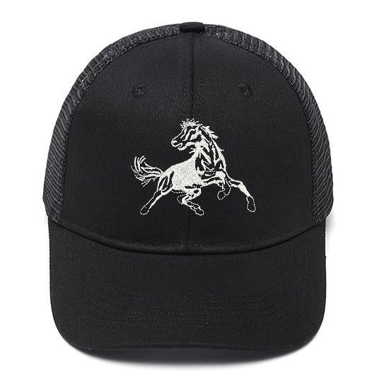 Un solo paquete (caja) de gorra de malla negra bordada con caballo de trote rápido, con un diseño de bordado creativo de caballo valiente, gorra de camionero, gorra de béisbol informal deportiva al aire libre, transpirable, ligera, sombrero de calidad aju