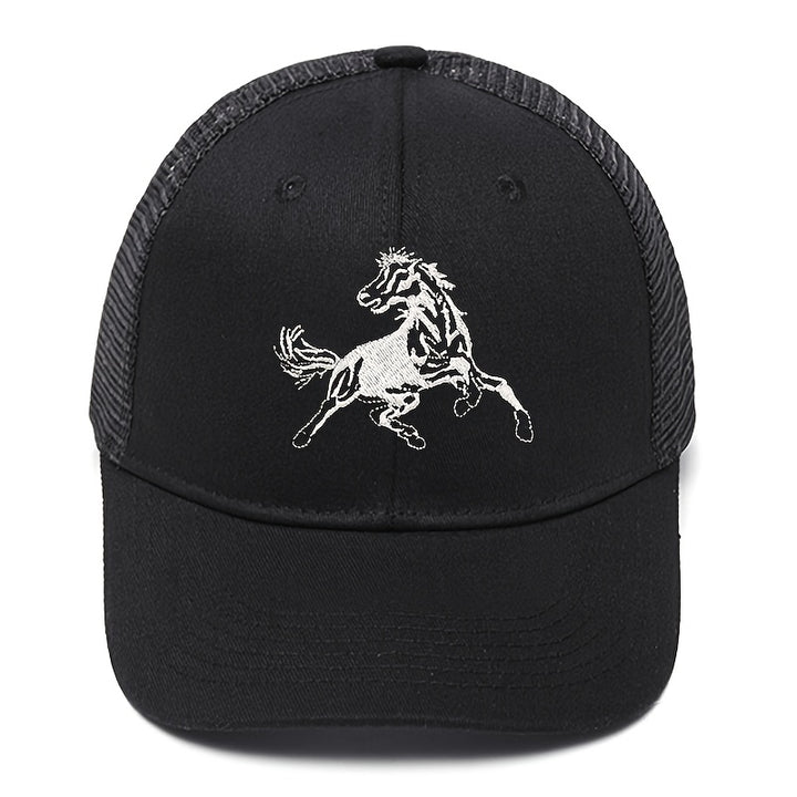 Un solo paquete (caja) de gorra de malla negra bordada con caballo de trote rápido, con un diseño de bordado creativo de caballo valiente, gorra de camionero, gorra de béisbol informal deportiva al aire libre, transpirable, ligera, sombrero de calidad aju