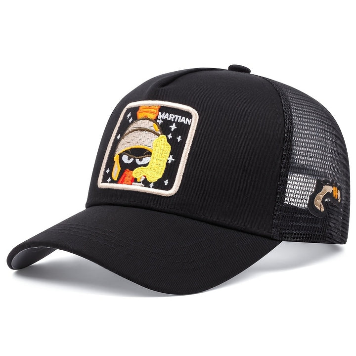 Gorra de Béisbol Bordada WB Looney Tunes MARTIAN para Hombres y Mujeres - Negra con Detalles en Verde Oliva y Naranja, Malla Transpirable Trasera, 100% Poliéster, Deportes al Aire Libre y Uso Casual, Accesorio Versátil, Diseño Divertido, Tejido Duradero,