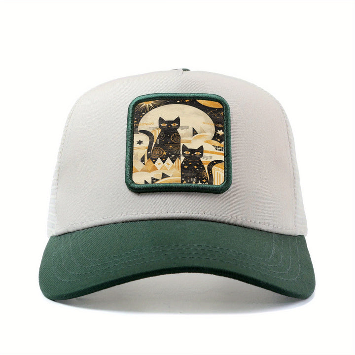 Gorra de béisbol con fase lunar de gato negro bohemio para hombre y mujer - Gorra ajustable de malla, ligera y transpirable para verano con bordado 3D, diseño de anime de hip hop para actividades al aire libre, ropa casual para la cabeza, accesorios de mo