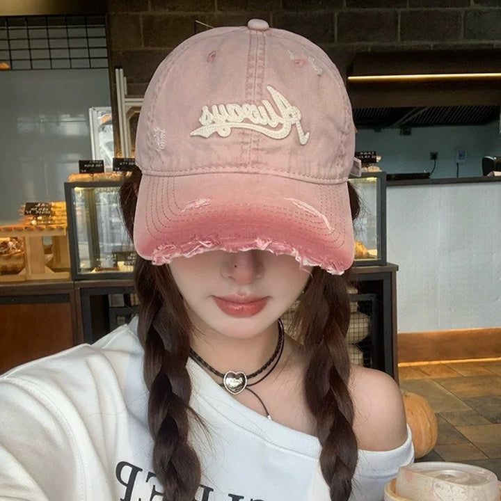 Gorra de Béisbol Rosa con Letras y Efecto Desgastado para Hombres e Mujeres, Nueva Gorro Unissex Versátil