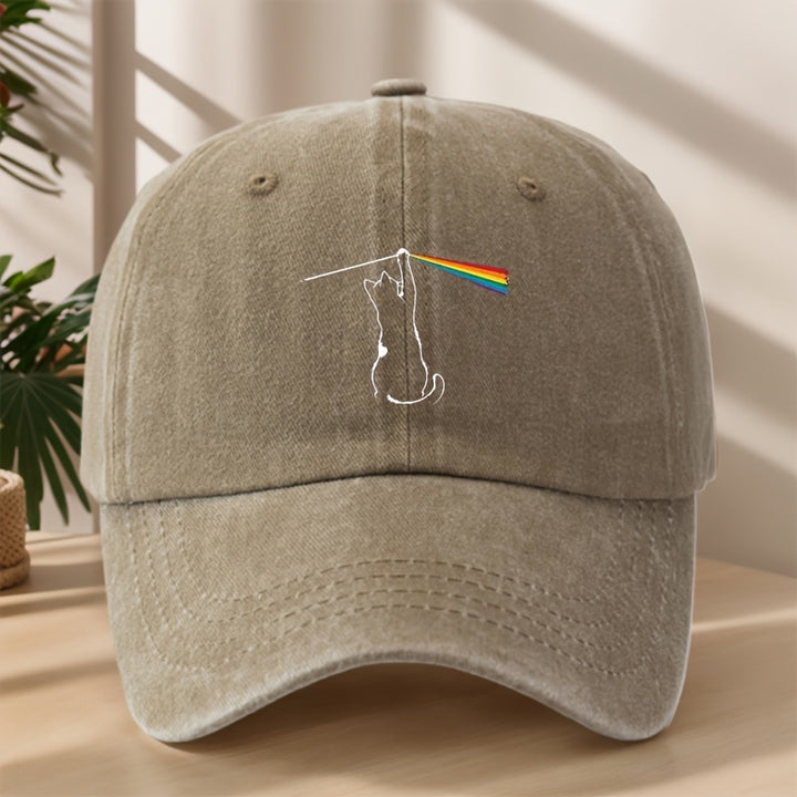 Gorra de béisbol divertida con estampado de gato arcoíris - Gorra retro lavada clásica, suave, cómoda y transpirable con cierre ajustable para actividades al aire libre y vacaciones