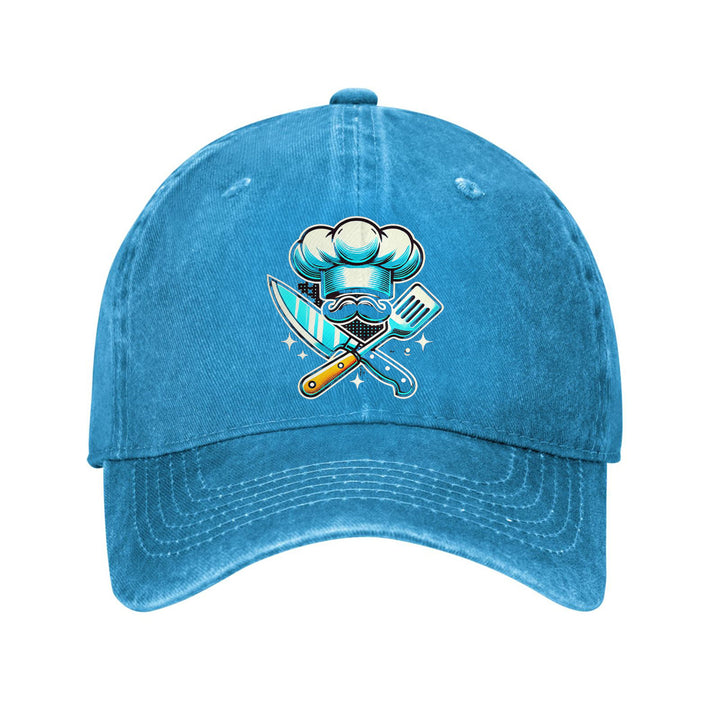 Gorra de Béisbol Ajustable y Ligera de Algodón para Chef - Gorra Negra con Sombrero de Chef Azul & Gráfico de Espátulas Cruzadas, Visera Curva para Hombres y Mujeres, Accesorios de Cocina al Aire Libre, Sombreros Casuales, Cabezal Cómodo