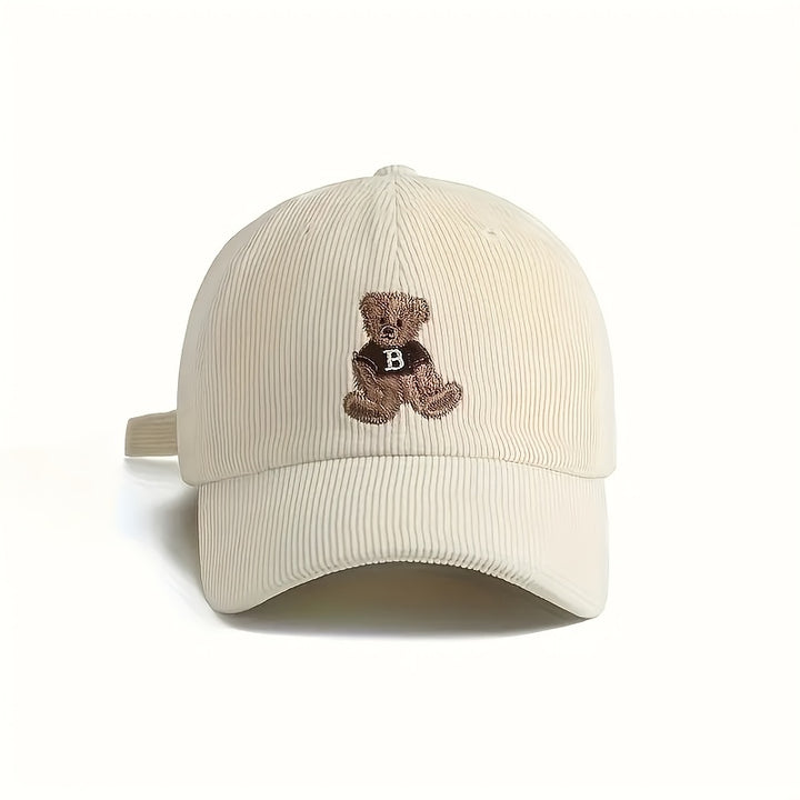 1 Gorra de béisbol unisex de pana con lindo diseño de oso y la letra B - Cierre ajustable con visera, tejido transpirable, doble tono marrón/patchwork, para otoño/invierno, gorra casual y deportiva para hombres y mujeres (Lavar a mano únicamente) - Regalo