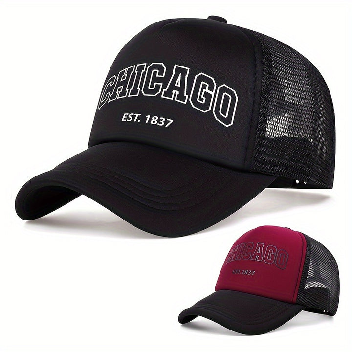 Gorra de malla transpirable con impresión de Chicago Est. 1837 - Gorra de béisbol liviana de punto para todas las estaciones, protección solar unisex para hip-hop, prohibido lavar a máquina