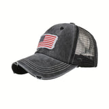 Gorra de béisbol con bandera desgastada y lavada, con soporte para cola de caballo - Gorra de camionero con espalda de malla transpirable, ajustable con cierre para golf, moda de verano con borde curvo para hombres y mujeres, golf Ca.