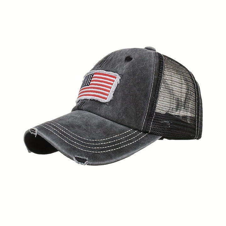 Gorra de béisbol con bandera desgastada y lavada, con soporte para cola de caballo - Gorra de camionero con espalda de malla transpirable, ajustable con cierre para golf, moda de verano con borde curvo para hombres y mujeres, golf Ca.