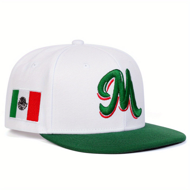 Gorra de béisbol con bandera de México y logo 'M' para hombre, 1 unidad, ajustable, ligera de poliéster, ideal para viajes, playa y uso casual (negro/verde/rojo), accesorio para exteriores, diseño con letras detallado