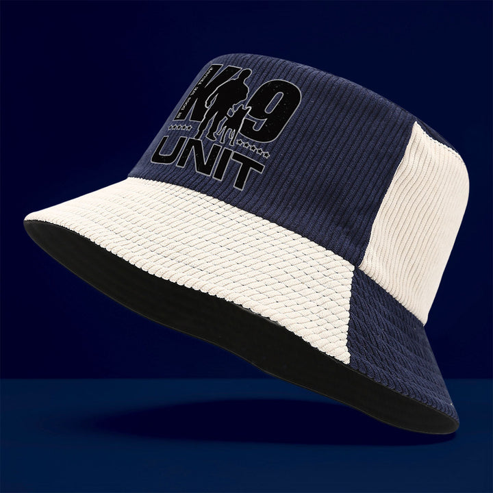 Gorro de Pana para Todas las Estaciones con Logo de Cachorro K9 y Texto K9 UNIT - Cierre Ajustable con Broche, Plegable para Exteriores y Uso Casual - Pana Verde Oliva/ (Lavable a Máquina)