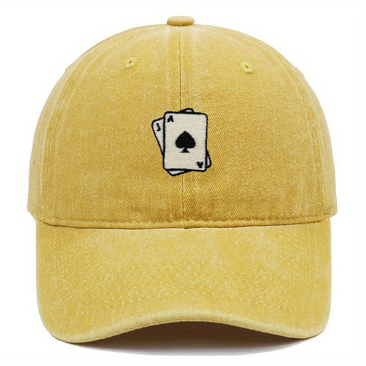 Gorra de béisbol lavada con diseño bordado de cartas, ajustable para hombres y mujeres