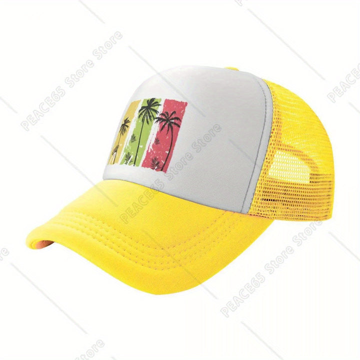 Gorra de Béisbol Ajustable de Malla Transpirable con Grafiti de Palmeras Vibrantes - Estilo Hip-Hop, Sombrero de Playa de Verano para Hombres y Mujeres, Lavable a Máquina