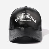 Gorra de béisbol de cuero PU California Golden State - Unisex, ajustable, cierre con botón, protección solar, temática de vacaciones, artesanal con bordado y diseño tejido