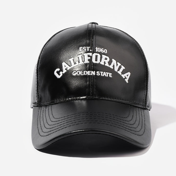Gorra de béisbol de cuero PU California Golden State - Unisex, ajustable, cierre con botón, protección solar, temática de vacaciones, artesanal con bordado y diseño tejido