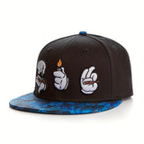 Gorra de béisbol con cierre de clic negro elegante, con gestos de mano bordados en blanco - Estilo unisex de hip-hop, poliéster, ajuste ajustable, perfecto para uso casual, ropa de cabeza casual | Gorra bordada | Equipo de cabeza duradero