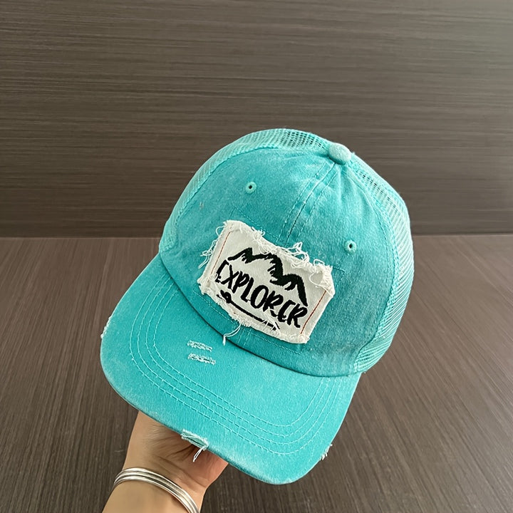 Gorra de Béisbol Retro Lavada para Adolescentes - Sombrero de Malla Transpirable con Ajuste Elástico, Parche de Letras Explore, Camuflaje y Verde para Viajes al Aire Libre en Primavera/Verano y Día de San Patricio