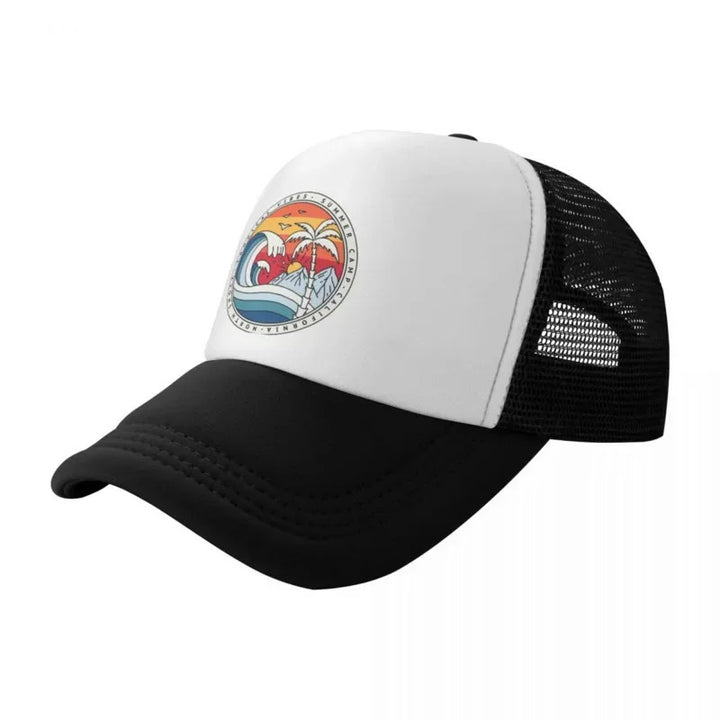 Gorra de béisbol Y2K California Beach Surfing Snapback para hombres y mujeres, tela de poliéster elástica mediana, estilo veraniego de surfista, lavable en máquina, plástico PVC - Blanco y Negro