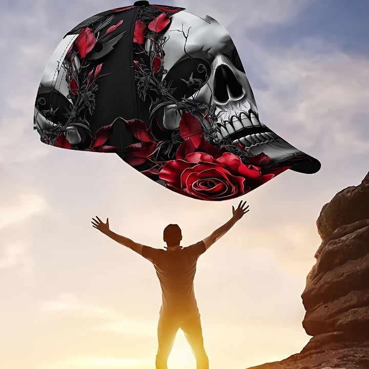 1 gorra de béisbol estilo hip-hop con calavera y flores - Gorra ajustable y transpirable de poliéster para viajes, fiestas en la playa y actividades al aire libre informales, ligera y lavable en máquina, regalo perfecto para Halloween, Navidad, Día de San
