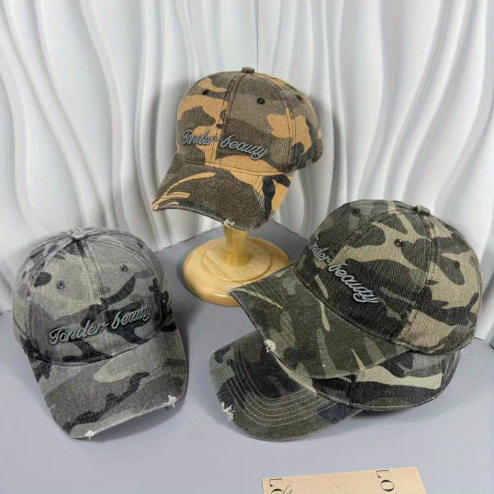 Gorra de Cubo Unisex con Camuflaje y Letras para Primavera y Otoño, Gorra de Béisbol al Aire Libre a la Moda Callejera