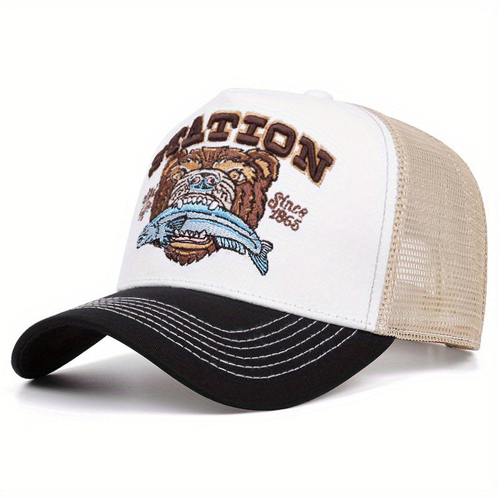 Gorra de béisbol retro americana con estampado de cabeza de oso, unisex, transpirable, malla de contraste, estilo trucker