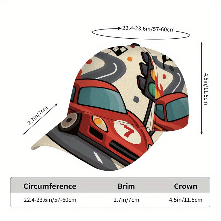 1 gorra de béisbol con estampado de coche de carreras en llamas - Gorra de poliéster con diseño vibrante de cuerpo completo, ligera y ajustable para deportes al aire libre y uso casual, accesorio ajustable para la cabeza | Gorra con estampado vibrante | G