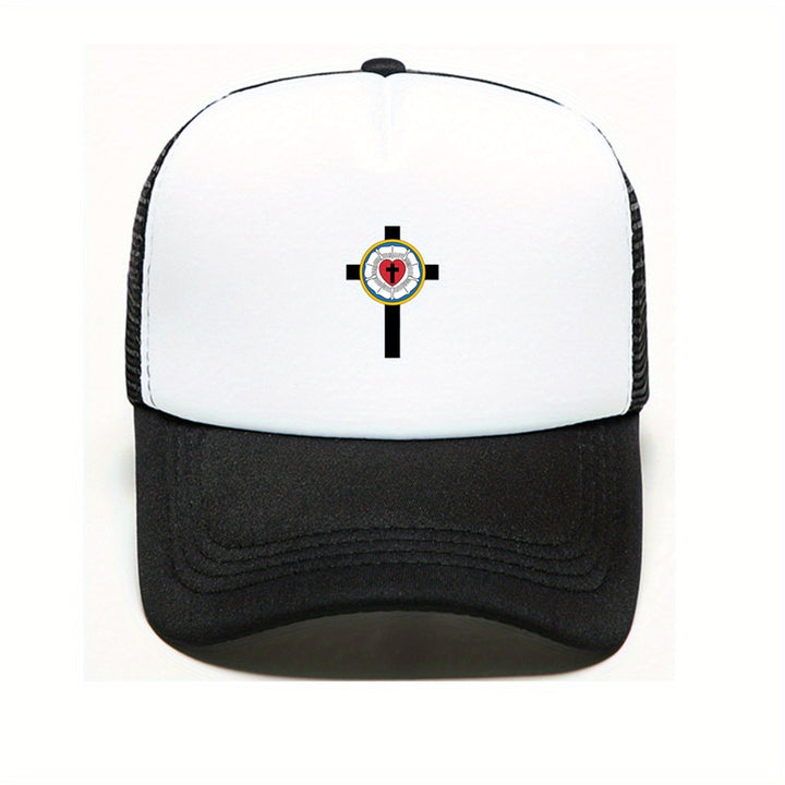 1 pieza de gorra de béisbol con cruz de rosa de Lutero - Diseño de dos tonos rosa y blanco con cruz negra, poliéster, ajustable con cierre de presión, perfecta para golf, deportes y uso casual, idea de regalo para el Día de la Madre, gorro casual | Gorra