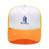 1pc Gorra de Béisbol Estilo Trucker con Logo de Música Occidental - Sombrero de Papá Transpirable en Poliéster con Panel Frontal Blanco y Visera Rosa, Gráfico de Nota Musical y Sombrero Vaquero, Ropa Casual Unisex para Hombres y Mujeres, Accesorio para Di