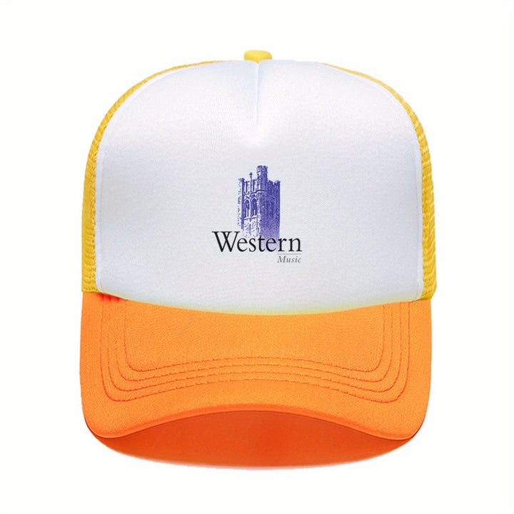 1pc Gorra de Béisbol Estilo Trucker con Logo de Música Occidental - Sombrero de Papá Transpirable en Poliéster con Panel Frontal Blanco y Visera Rosa, Gráfico de Nota Musical y Sombrero Vaquero, Ropa Casual Unisex para Hombres y Mujeres, Accesorio para Di