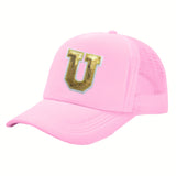 OKOIUM Gorra de Béisbol con Letras Brillantes para Niñas y Niños - 26 letras del alfabeto A-Z, Cierre Snapback Rosa Dorado Reluciente, Parte Trasera Transpirable en Malla, Tamaño Ajustable 4-10 años. Ideal como Sombrero Casual Diario o Fiestas Escolares (