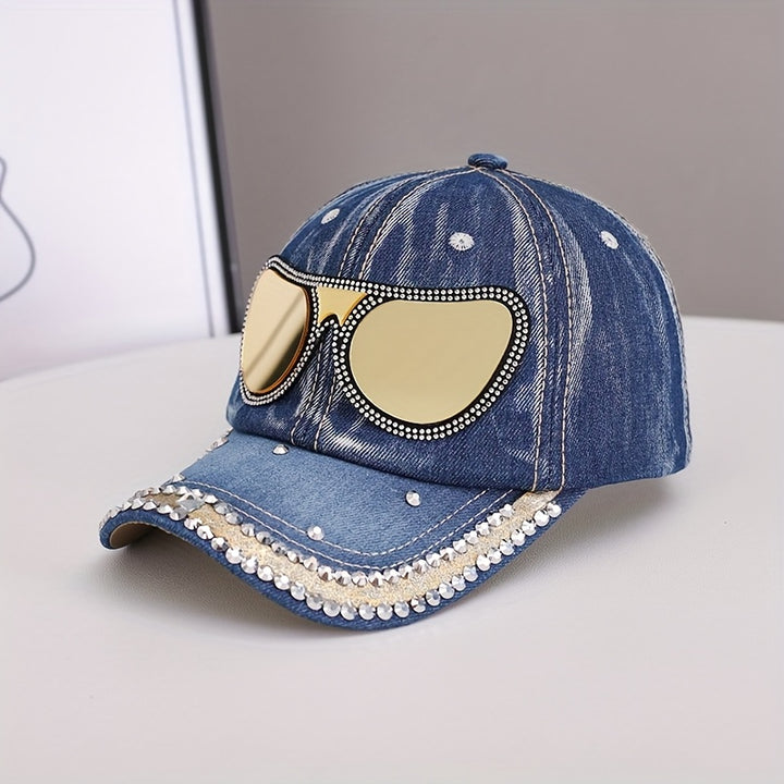 Gorra de Béisbol con Rhinestones para Mujer, Estilo Y2K Clásico Azul, Nuevo Sombrero Europeo y Americano al Sol, Diseño en Forma de Gafas e Incrustaciones de Cristales, Ideal para Uso Diario o Festivales Musicales