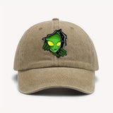 1pc Gorra de Béisbol con Temática Alienígena ATHACER - Retro Lavado Negro, Sombrero de Sol Desgastado con Gráfico de Alien Verde, Ajuste Ajustable, Poliéster Ligero, Ideal para Halloween y Moda al Aire Libre para Hombres y Mujeres, Accesorio para la Cabez