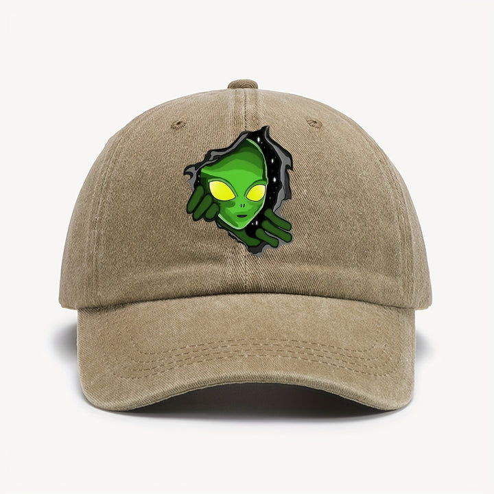1pc Gorra de Béisbol con Temática Alienígena ATHACER - Retro Lavado Negro, Sombrero de Sol Desgastado con Gráfico de Alien Verde, Ajuste Ajustable, Poliéster Ligero, Ideal para Halloween y Moda al Aire Libre para Hombres y Mujeres, Accesorio para la Cabez