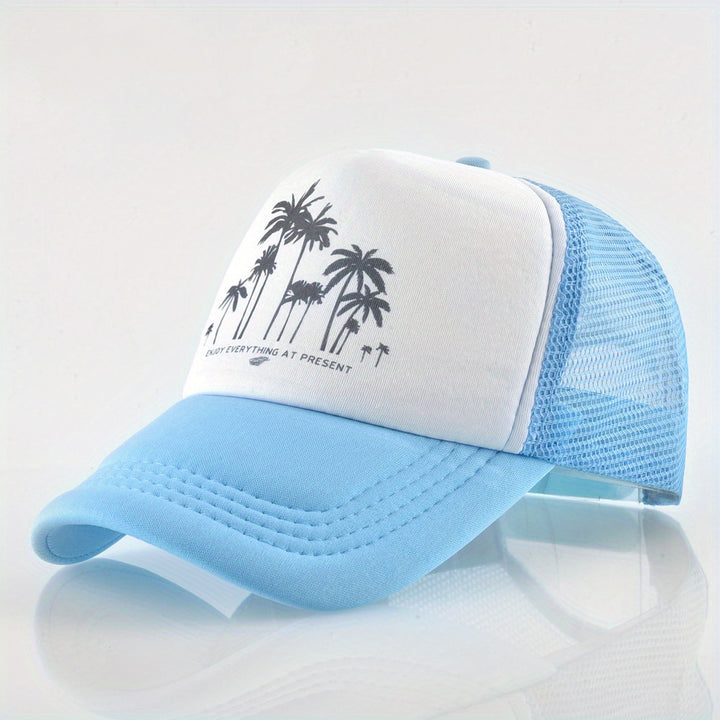 Gorra de béisbol de malla con patrón de árbol de coco, ajustable con cierre de clic, poliéster transpirable para hombres y mujeres, sombrero casual para vacaciones al aire libre, accesorio de playa.