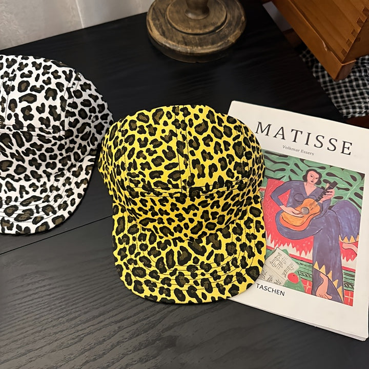 Gorra de béisbol ajustable para mujer con estampado de leopardo 2025, ligera, estilo retro urbano, ala plana, opciones en negro/blanco/amarillo, accesorio de moda para looks casuales y diarios, fabricada en tela