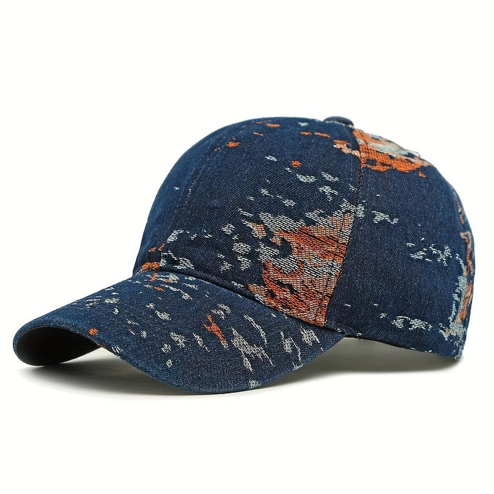 1 gorra de béisbol ajustable - Parte superior suave, tejido jacquard, absorción de humedad, ideal para viajes al aire libre, uso casual y deportes - Azul con patrón naranja y blanco, gorra de béisbol ajustable | Gorra con patrón vibrante | Diseño elegante