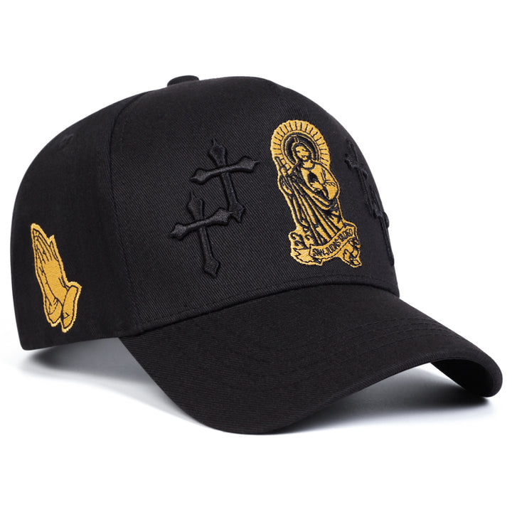 Gorra de béisbol con cruz de Jesús para hombre - ajustable con cierre de clic, ligero poliéster, negro con diseño de cruz dorada y halo, ideal para exteriores, uso casual, primavera y otoño, vacaciones de playa, viajes, sombrero de playa