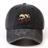 1 Gorra de béisbol impresa con un solo auricular, lavada a mano, ajustable, ligera, no elástica, con tema de vacaciones, diseño de rosa y calavera, para hombres, mujeres, ciclismo urbano al aire libre, todas las estaciones.