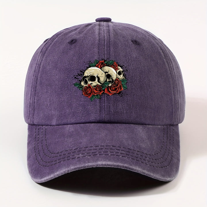 1 Gorra de béisbol impresa con un solo auricular, lavada a mano, ajustable, ligera, no elástica, con tema de vacaciones, diseño de rosa y calavera, para hombres, mujeres, ciclismo urbano al aire libre, todas las estaciones.