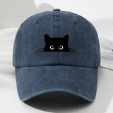 Gorra de béisbol negra para mujer con diseño de lindo rostro de gato - Snapback ajustable transpirable, orejas de gato juguetonas y ojos expresivos, sombrero casual duradero para otoño e invierno, gorro urbano para el día a día para mujeres