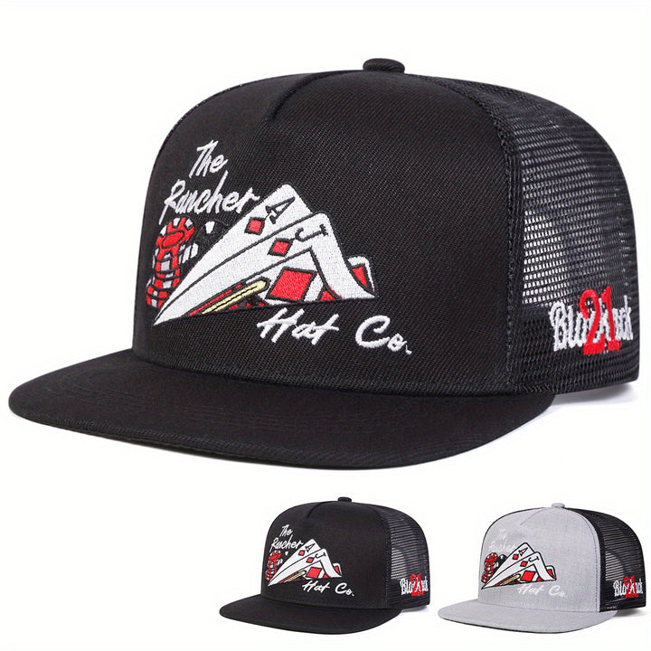 Gorra de béisbol con diseño de cartas de póker para hombres, ajustable con cierre trasero y malla, estilo deportivo casual, 100% poliéster, ideal para viajes de primavera/otoño y vacaciones en la playa