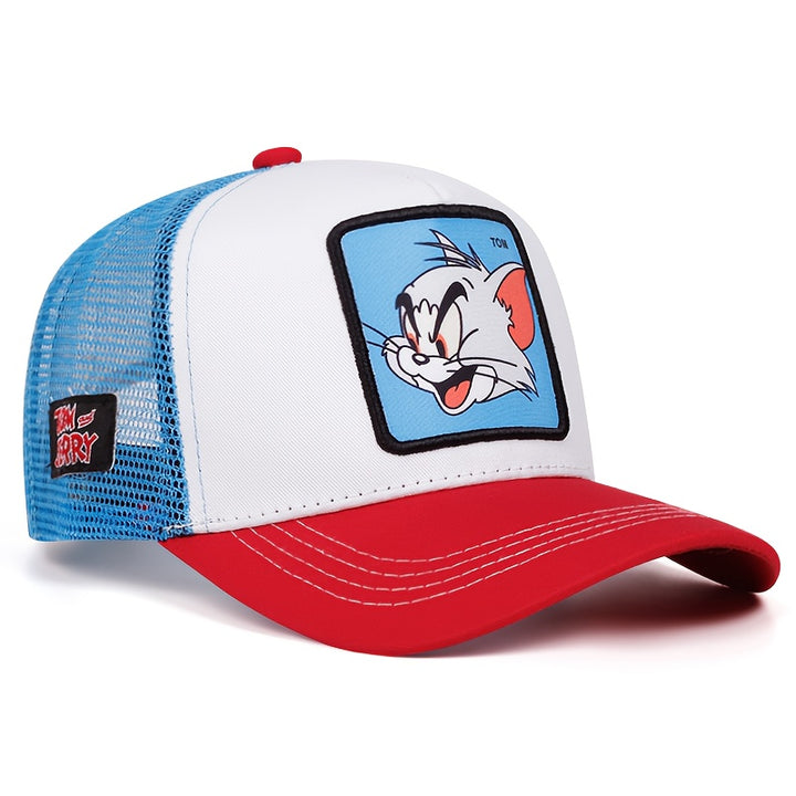 Gorra de Béisbol Oficial de WB - Personajes Icónicos (Tom, Jerry, Spike Mouse) Aplicación, Malla Ligera Blanca con Cierre, Gorra Casual para Todas las Estaciones, Accesorio para Fiestas
