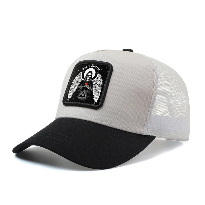 Gorra de Béisbol Gótica Mexicana con Arte Popular Santa Muerte para Hombres y Mujeres - Gorra Trucker Ajustable Snapback, Parte Trasera Transpirable en Redeza, Panel Frontal Blanco & Visera Negra, Sombrero Casual Unisex al aire Libre Verano para Hombre, m