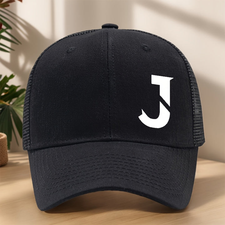 Gorra de béisbol con letra J impresa, diseño creativo - Gorra de malla transpirable y ajustable para primavera/verano, ideal para actividades al aire libre, deportes, senderismo, pesca y protección solar - Material de poliéster, tela sin estirar, liger...