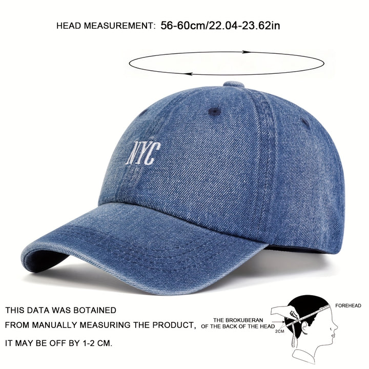 1pc Gorra de béisbol de denim bordado para mujer de Nueva York, 100% poliéster, ajuste ajustable, protección solar, gorra casual para primavera y otoño, accesorio de playa y fiesta