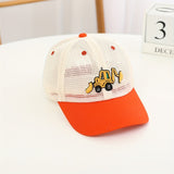 Gorra de béisbol infantil con diseño de excavadora, malla transpirable, ajustable con elástico, ideal para deportes y actividades al aire libre
