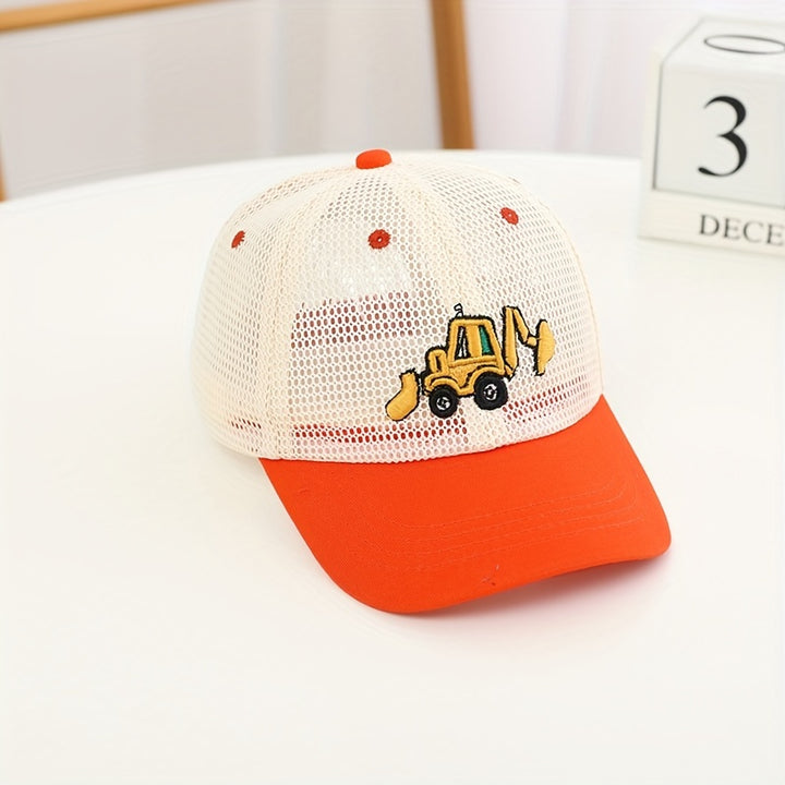 Gorra de béisbol infantil con diseño de excavadora, malla transpirable, ajustable con elástico, ideal para deportes y actividades al aire libre