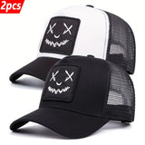2pcs Gorras de Béisbol Hip Hop para Mujer - Snapback Ajustable, Poliéster Ligero con Bordado de Cara Traviesa, Malla Transpirable en la Parte Trasera - Perfectas para la Moda al Aire Libre