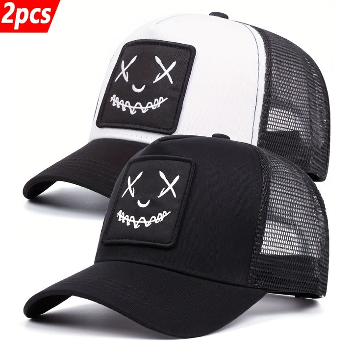 2pcs Gorras de Béisbol Hip Hop para Mujer - Snapback Ajustable, Poliéster Ligero con Bordado de Cara Traviesa, Malla Transpirable en la Parte Trasera - Perfectas para la Moda al Aire Libre