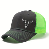 Gorra de béisbol para camionero, estilo vaquero occidental para hombre, con cuernos de toro y estampado de cowboy - Parte trasera de malla transpirable, cierre ajustable con visera, diseño estructurado de seis paneles, sombrero ligero para actividades al