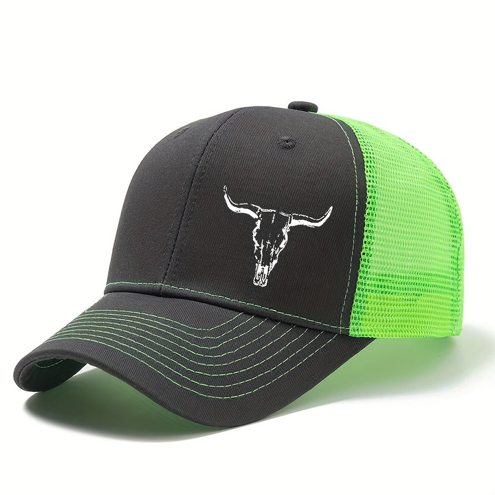 Gorra de béisbol para camionero, estilo vaquero occidental para hombre, con cuernos de toro y estampado de cowboy - Parte trasera de malla transpirable, cierre ajustable con visera, diseño estructurado de seis paneles, sombrero ligero para actividades al